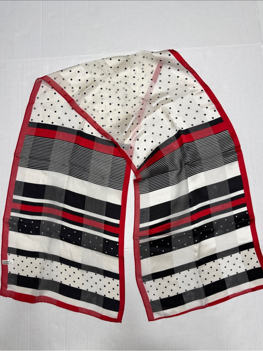 100% Silk Polka Dot & Striped Red-Trim Scarf
